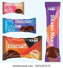Flow pack and chocolate bar. Snack package template for cookies, biscuit, wafer.