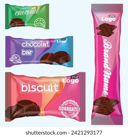 Flow pack and chocolate bar. Snack package template for cookies, biscuit, wafer.