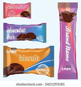 Flow pack and chocolate bar. Snack package template for cookies, biscuit, wafer.