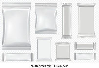 Flow pack and chocolate bar. White snack package template for cookies, biscuit, wafer. Blank chocolate bar mockup by foil flow pack on transparent back. Realistic isolated sache and wrapper bag set - Shutterstock ID 1756327784