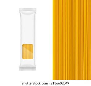 Flow pack mockup with window. Vector illustration isolated on white background. Ready to place your design. Can be use for pasta, food, medicine, cosmetic and etc. Ready for your design. EPS10.	