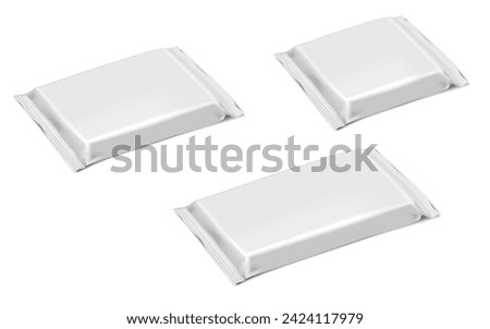 Flow pack packaging. Blank white pillow bag vector mock-up set. Foil, paper or plastic pouch package realistic mockup. Template for design