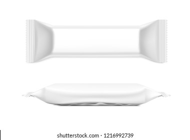 Flow pack with realistic transparent shadows on white background. Front and side view. Vector mockup ready for your design. Can be used for food, medical, cosmetic and hygiene. EPS10.