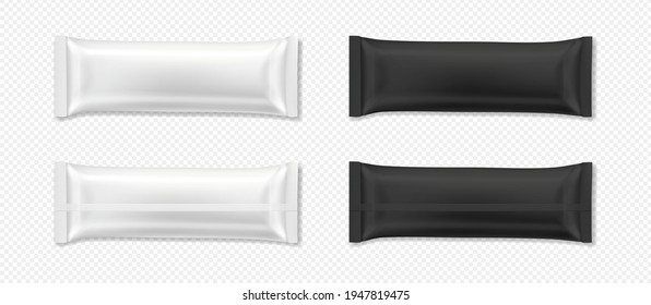 Flow package mockup. Vector realistic illustration of chocolate bar wrapper pack, in white and black color, front and back view. Ready to eat snack in blank foil wrapper for product branding.