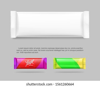 Flow packaging mockup. Vector illustration on grey background. Can be use for your design, promo, adv and etc. Possibility for food, pharmaceutical, cosmetic. EPS10.	