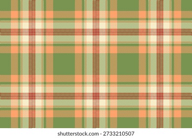 Flow plaid background seamless, serene fabric tartan check. Clan textile pattern texture vector in green and orange colors palette.