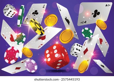 Flow Playing Game Cards Dice, token, vector Background.