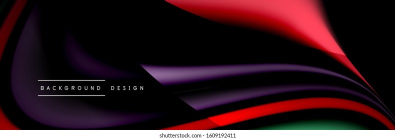 Сolorful flow poster. Wave liquid lines and shapes in black color background. Vector Illustration For Wallpaper, Banner, Background, Card, Book, Illustration, landing page, cover, placard, poster