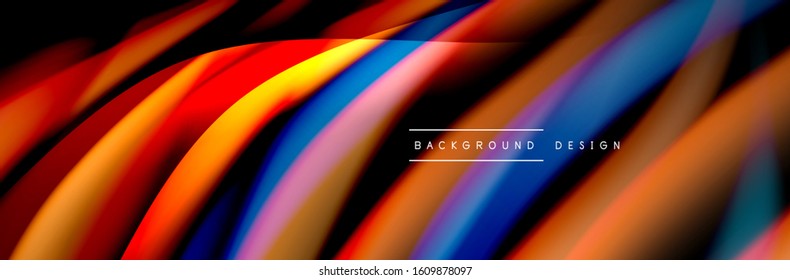 Сolorful flow poster. Wave liquid lines and shapes in black color background. Vector Illustration For Wallpaper, Banner, Background, Card, Book, Illustration, landing page, cover, placard, poster