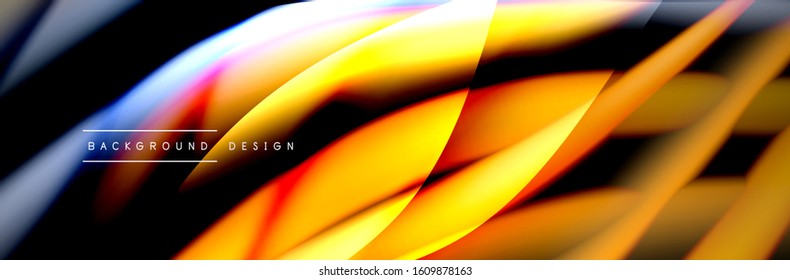 С afiche de flujo colorido. Olear líneas líquidas y formas en el fondo de color negro. Ilustración vectorial para papel tapiz, cartel, fondo, tarjeta, libro, ilustración, página de inicio, portada, cartel, afiche