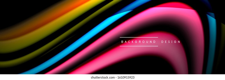 Сolorful flow poster. Wave liquid lines and shapes in black color background. Vector Illustration For Wallpaper, Banner, Background, Card, Book, Illustration, landing page, cover, placard, poster