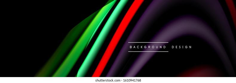 Сolorful flow poster. Wave liquid lines and shapes in black color background. Vector Illustration For Wallpaper, Banner, Background, Card, Book, Illustration, landing page, cover, placard, poster