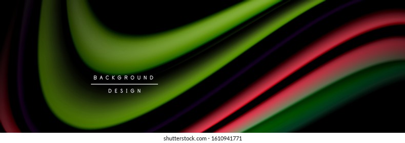 Сolorful flow poster. Wave liquid lines and shapes in black color background. Vector Illustration For Wallpaper, Banner, Background, Card, Book, Illustration, landing page, cover, placard, poster