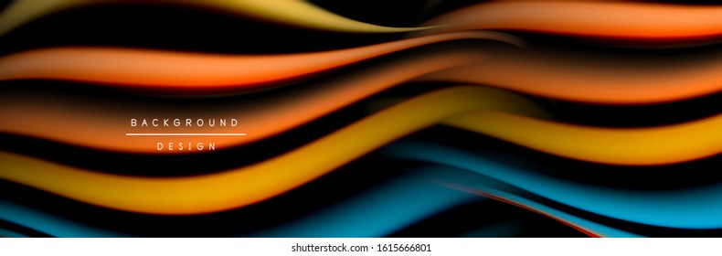 С leckeres Flussposter. Flüssige Linien und Formen auf schwarzem Hintergrund. Vektorgrafik für Bildschirmhintergründe, Banner, Hintergrund, Karte, Buch, Illustration, Landing-Page, Cover, Plakat, Poster