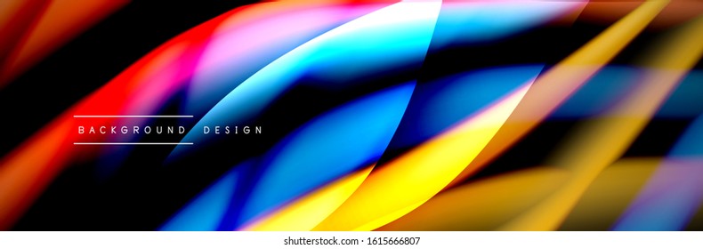 Сolorful flow poster. Wave liquid lines and shapes in black color background. Vector Illustration For Wallpaper, Banner, Background, Card, Book, Illustration, landing page, cover, placard, poster