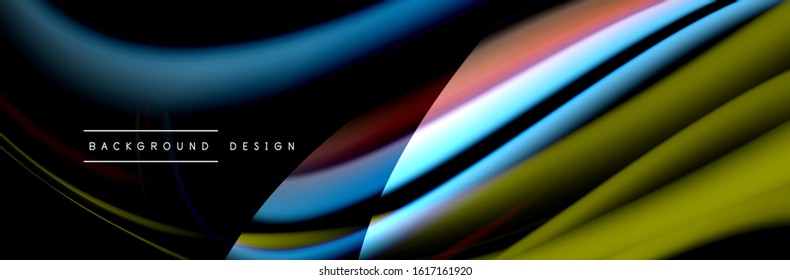 С afiche de flujo colorido. Olear líneas líquidas y formas en el fondo de color negro. Ilustración vectorial para papel tapiz, cartel, fondo, tarjeta, libro, ilustración, página de inicio, portada, cartel, afiche