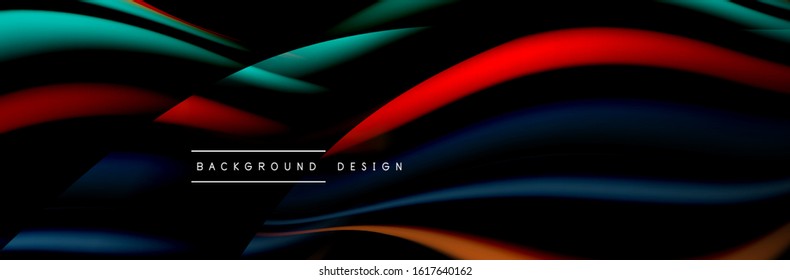 Сolorful flow poster. Wave liquid lines and shapes in black color background. Vector Illustration For Wallpaper, Banner, Background, Card, Book, Illustration, landing page, cover, placard, poster