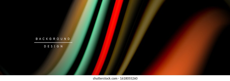 Сolorful flow poster. Wave liquid lines and shapes in black color background. Vector Illustration For Wallpaper, Banner, Background, Card, Book, Illustration, landing page, cover, placard, poster