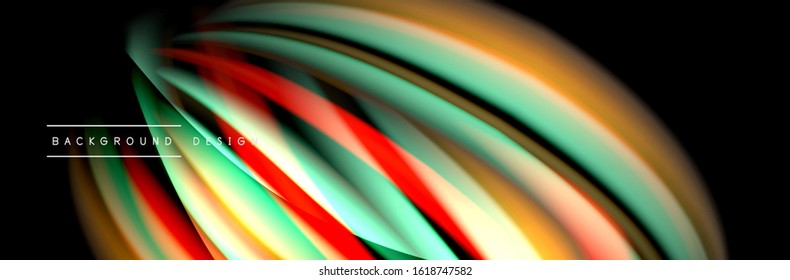 Сolorful flow poster. Wave liquid lines and shapes in black color background. Vector Illustration For Wallpaper, Banner, Background, Card, Book, Illustration, landing page, cover, placard, poster
