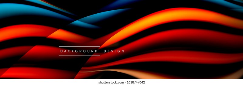 С afiche de flujo colorido. Olear líneas líquidas y formas en el fondo de color negro. Ilustración vectorial para papel tapiz, cartel, fondo, tarjeta, libro, ilustración, página de inicio, portada, cartel, afiche