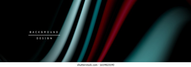 СCartaz colorido. Linhas líquidas onduladas e formas em fundo preto. Ilustração vetorial para papel de parede, banner, plano de fundo, cartão, livro, ilustração, landing page, capa, cartaz, cartaz