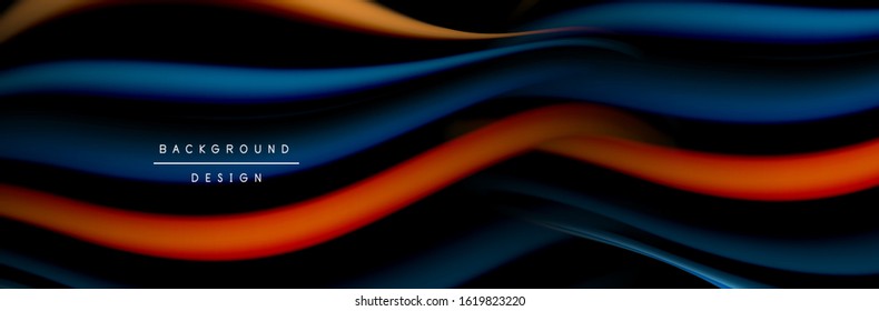 С afiche de flujo colorido. Olear líneas líquidas y formas en el fondo de color negro. Ilustración vectorial para papel tapiz, cartel, fondo, tarjeta, libro, ilustración, página de inicio, portada, cartel, afiche