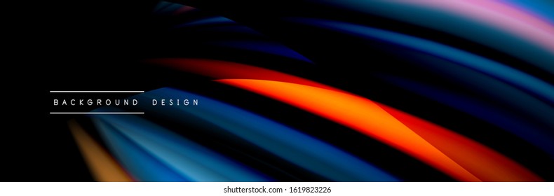 С afiche de flujo colorido. Olear líneas líquidas y formas en el fondo de color negro. Ilustración vectorial para papel tapiz, cartel, fondo, tarjeta, libro, ilustración, página de inicio, portada, cartel, afiche