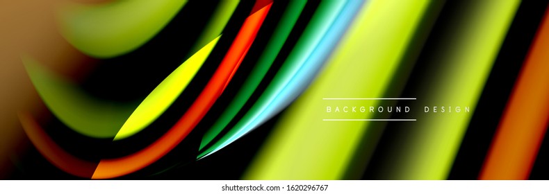 Сolorful flow poster. Wave liquid lines and shapes in black color background. Vector Illustration For Wallpaper, Banner, Background, Card, Book, Illustration, landing page, cover, placard, poster