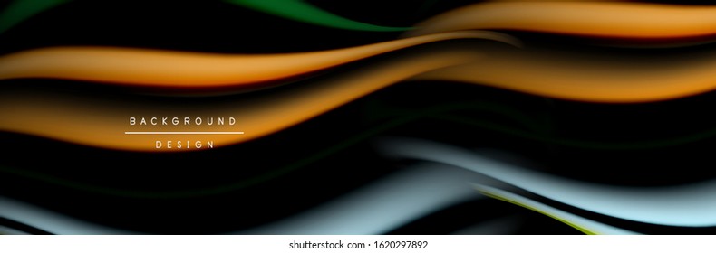 С afiche de flujo colorido. Olear líneas líquidas y formas en el fondo de color negro. Ilustración vectorial para papel tapiz, cartel, fondo, tarjeta, libro, ilustración, página de inicio, portada, cartel, afiche