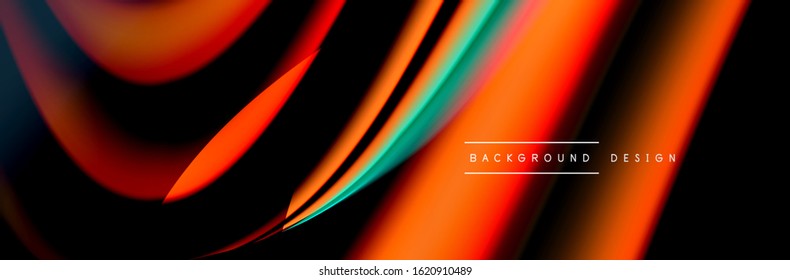 Сolorful flow poster. Wave liquid lines and shapes in black color background. Vector Illustration For Wallpaper, Banner, Background, Card, Book, Illustration, landing page, cover, placard, poster