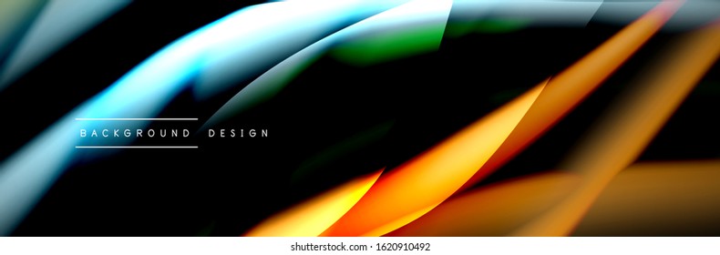 С leckeres Flussposter. Flüssige Linien und Formen auf schwarzem Hintergrund. Vektorgrafik für Bildschirmhintergründe, Banner, Hintergrund, Karte, Buch, Illustration, Landing-Page, Cover, Plakat, Poster