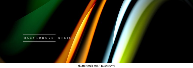 С afiche de flujo colorido. Olear líneas líquidas y formas en el fondo de color negro. Ilustración vectorial para papel tapiz, cartel, fondo, tarjeta, libro, ilustración, página de inicio, portada, cartel, afiche