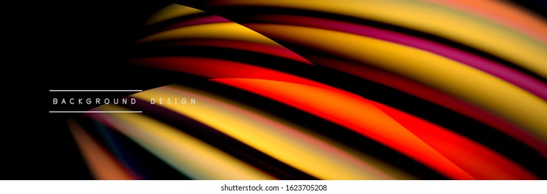 Сolorful flow poster. Wave liquid lines and shapes in black color background. Vector Illustration For Wallpaper, Banner, Background, Card, Book, Illustration, landing page, cover, placard, poster