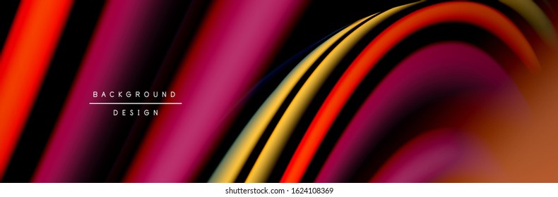 Сolorful flow poster. Wave liquid lines and shapes in black color background. Vector Illustration For Wallpaper, Banner, Background, Card, Book, Illustration, landing page, cover, placard, poster
