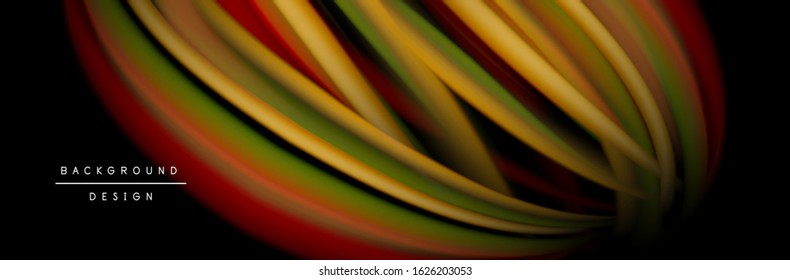 С afiche de flujo colorido. Olear líneas líquidas y formas en el fondo de color negro. Ilustración vectorial  