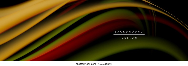С afiche de flujo colorido. Olear líneas líquidas y formas en el fondo de color negro. Ilustración vectorial 