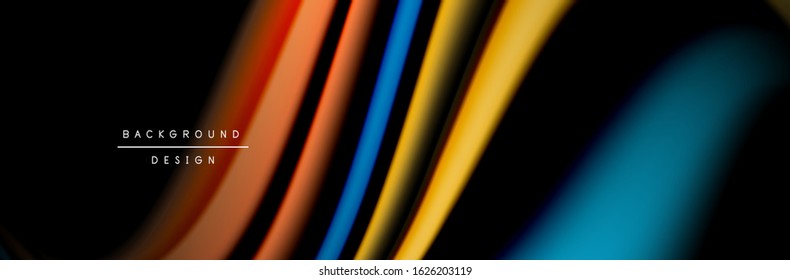 Сolorful flow poster. Wave liquid lines and shapes in black color background. Vector Illustration 