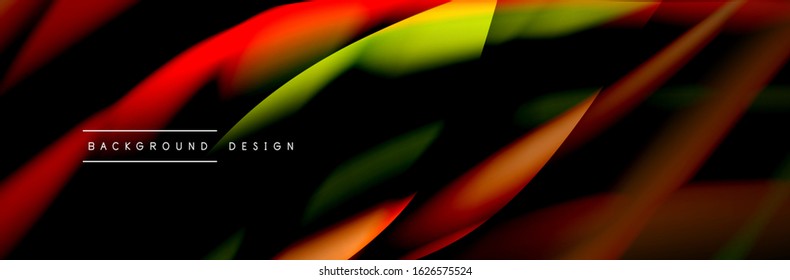 Сolorful flow poster. Wave liquid lines and shapes in black color background. Vector Illustration 