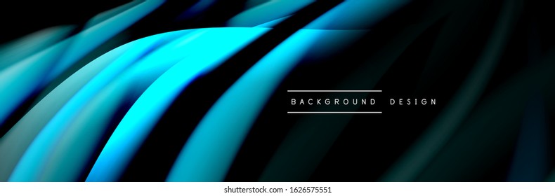 Сolorful flow poster. Wave liquid lines and shapes in black color background. Vector Illustration 