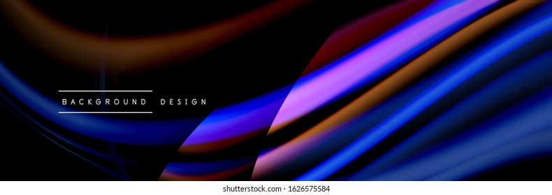 Сolorful flow poster. Wave liquid lines and shapes in black color background. Vector Illustration 