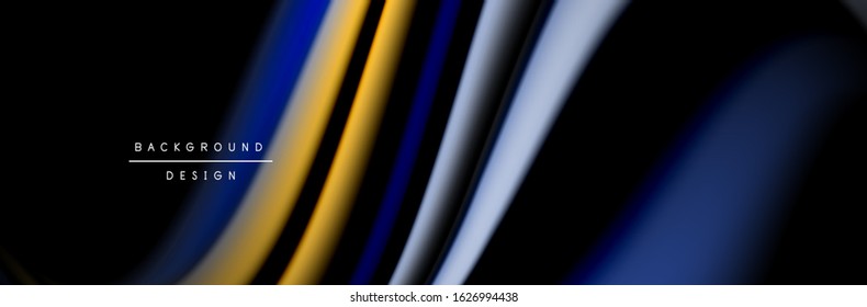Сolorful flow poster. Wave liquid lines and shapes in black color background. Vector Illustration 