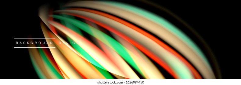 С afiche de flujo colorido. Olear líneas líquidas y formas en el fondo de color negro. Ilustración vectorial 