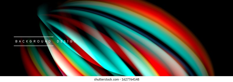 Сolorful flow poster. Wave liquid lines and shapes in black color background. Vector Illustration For Wallpaper, Banner, Background, Card, Book, Illustration, landing page, cover, placard, poster
