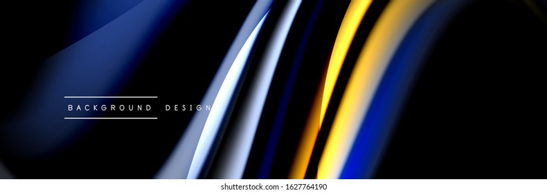 Сolorful flow poster. Wave liquid lines and shapes in black color background. Vector Illustration For Wallpaper, Banner, Background, Card, Book, Illustration, landing page, cover, placard, poster