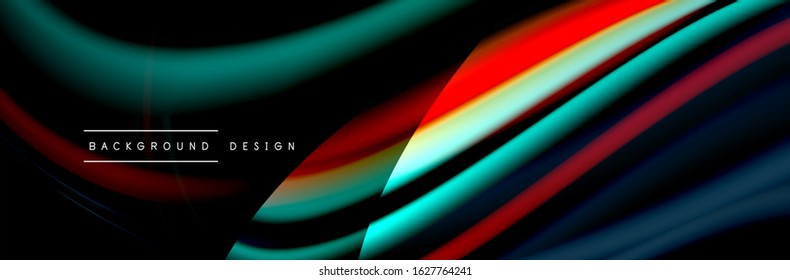 Сolorful flow poster. Wave liquid lines and shapes in black color background. Vector Illustration For Wallpaper, Banner, Background, Card, Book, Illustration, landing page, cover, placard, poster