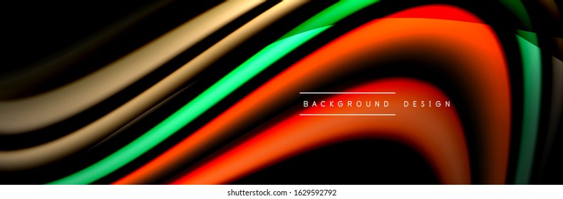 С afiche de flujo colorido. Olear líneas líquidas y formas en el fondo de color negro. Ilustración vectorial para papel tapiz, cartel, fondo, tarjeta, libro, ilustración, página de inicio, portada, cartel, afiche