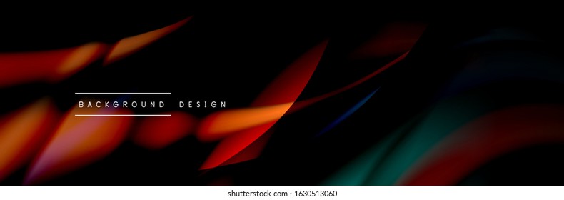 С afiche de flujo colorido. Olear líneas líquidas y formas en el fondo de color negro. Ilustración vectorial para papel tapiz, cartel, fondo, tarjeta, libro, ilustración, página de inicio, portada, cartel, afiche