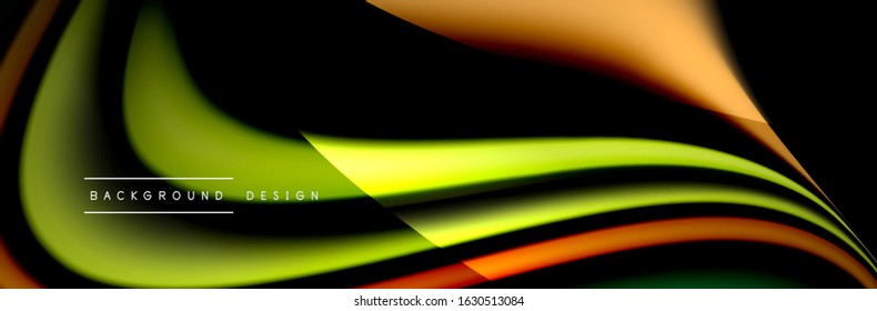 Сolorful flow poster. Wave liquid lines and shapes in black color background. Vector Illustration For Wallpaper, Banner, Background, Card, Book, Illustration, landing page, cover, placard, poster