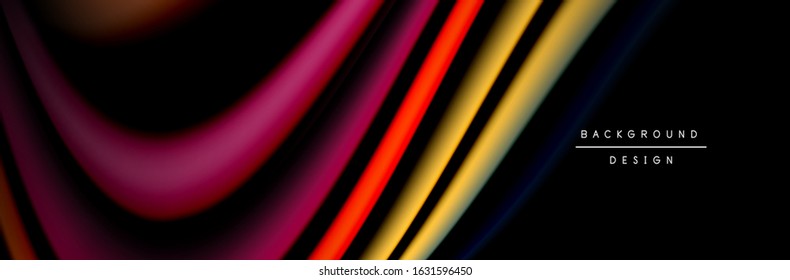 Сolorful flow poster. Wave liquid lines and shapes in black color background. Vector Illustration For Wallpaper, Banner, Background, Card, Book, Illustration, landing page, cover, placard, poster