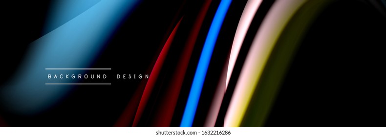 С leckeres Flussposter. Flüssige Linien und Formen auf schwarzem Hintergrund. Vektorgrafik für Bildschirmhintergründe, Banner, Hintergrund, Karte, Buch, Illustration, Landing-Page, Cover, Plakat, Poster